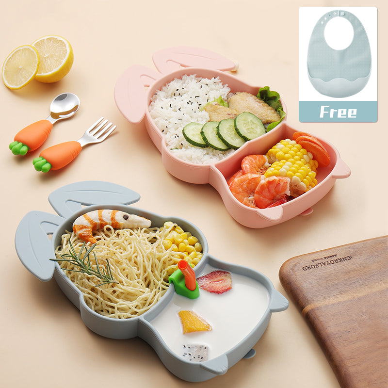Silicone Baby Feeding Dish Set Food Grade Children Suction Tableware For Kids 304 Fork Spoon Set Cute Divided Food Dishes