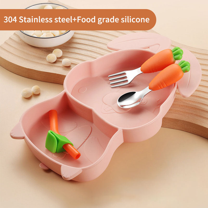 Silicone Baby Feeding Dish Set Food Grade Children Suction Tableware For Kids 304 Fork Spoon Set Cute Divided Food Dishes