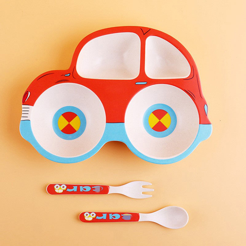 Bamboo Fiber Children's Cartoon Car Shape Cutlery Set Plate Baby Split Tableware